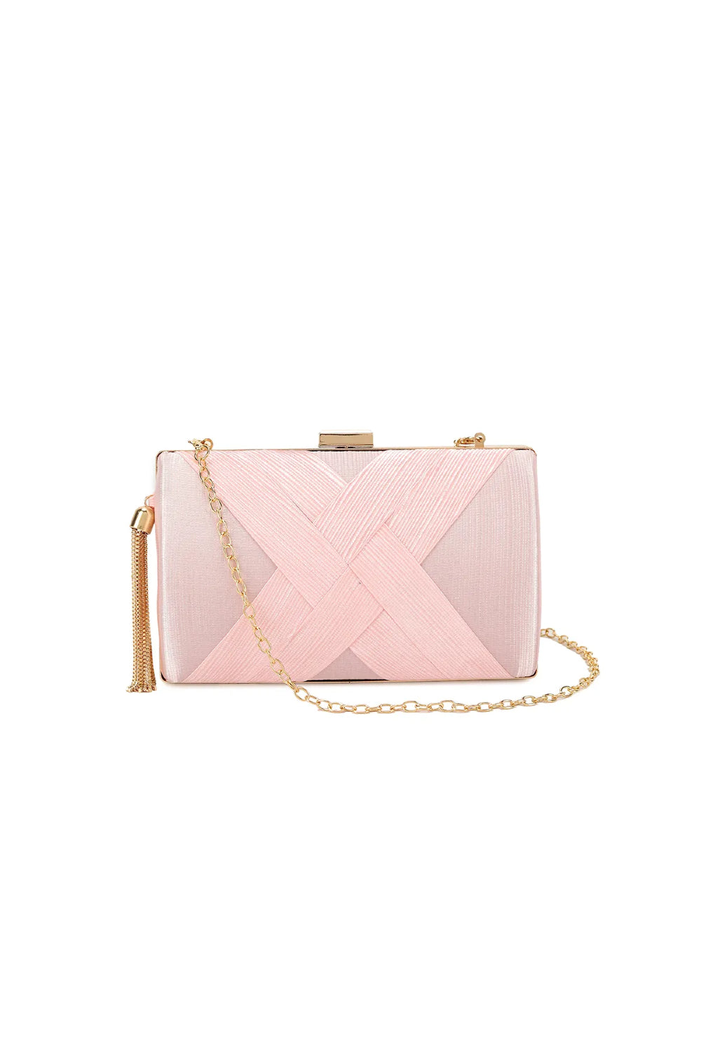 Aftershock London pink satin clutch bag with tassels front view