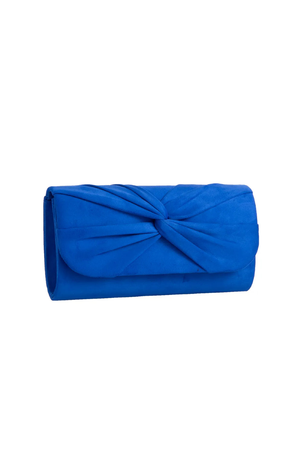 Aftershock London royal blue suede knot clutch bag side detail