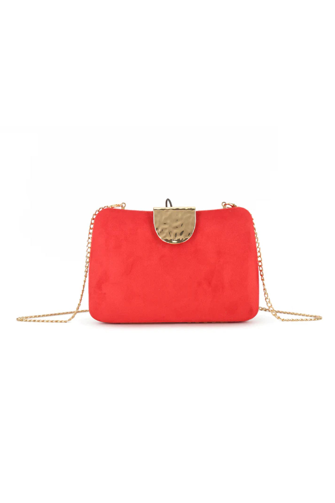 Aftershock London red faux suede clutch bag with detachable chain front view