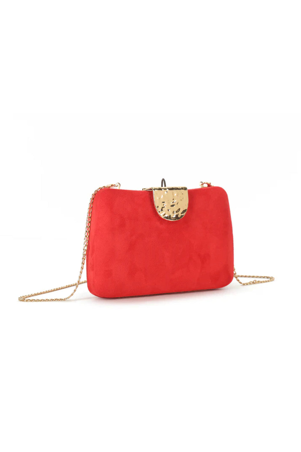 Aftershock London red faux suede clutch bag chain detail