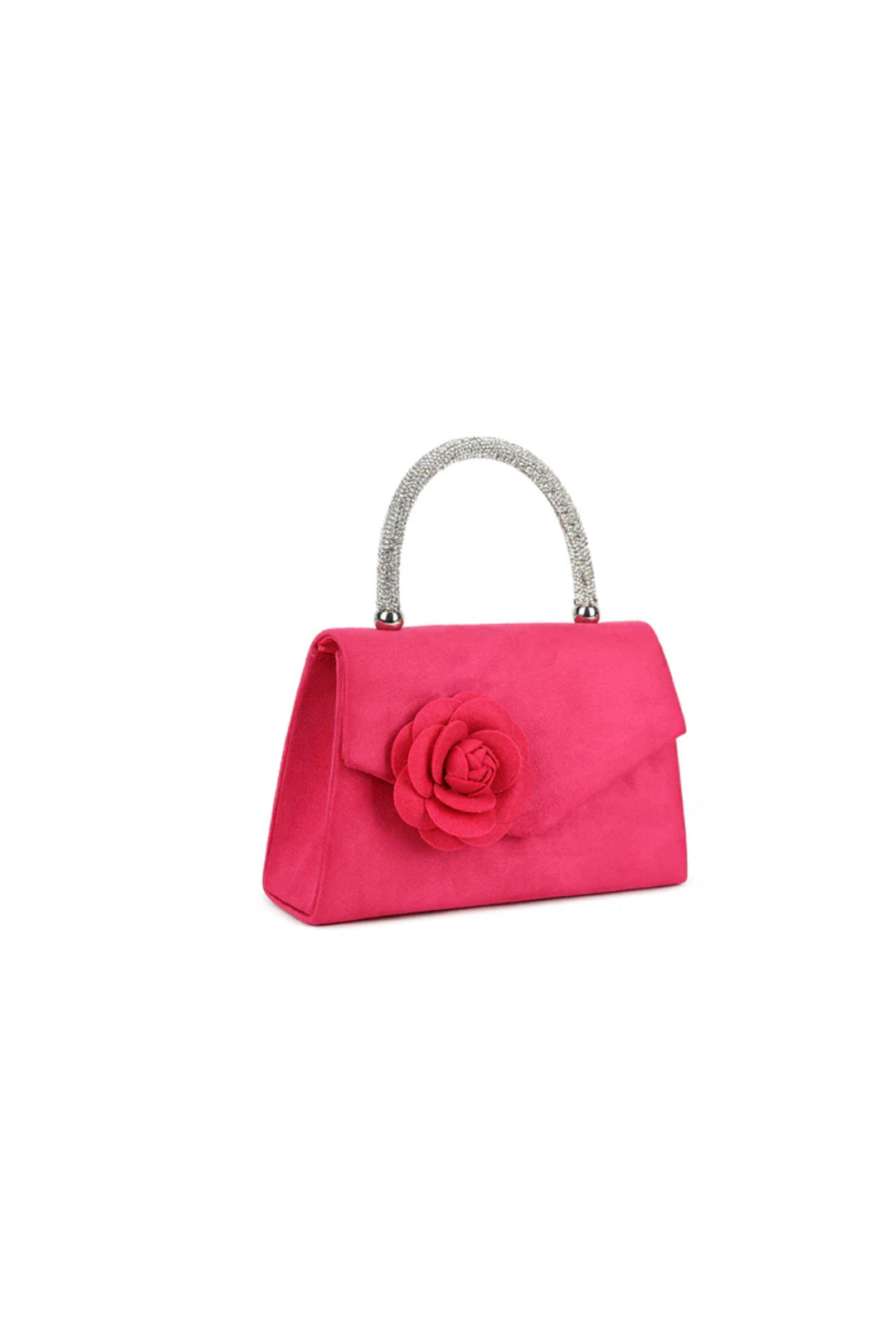 Aftershock London fuchsia flower embellished top handle bag side detail