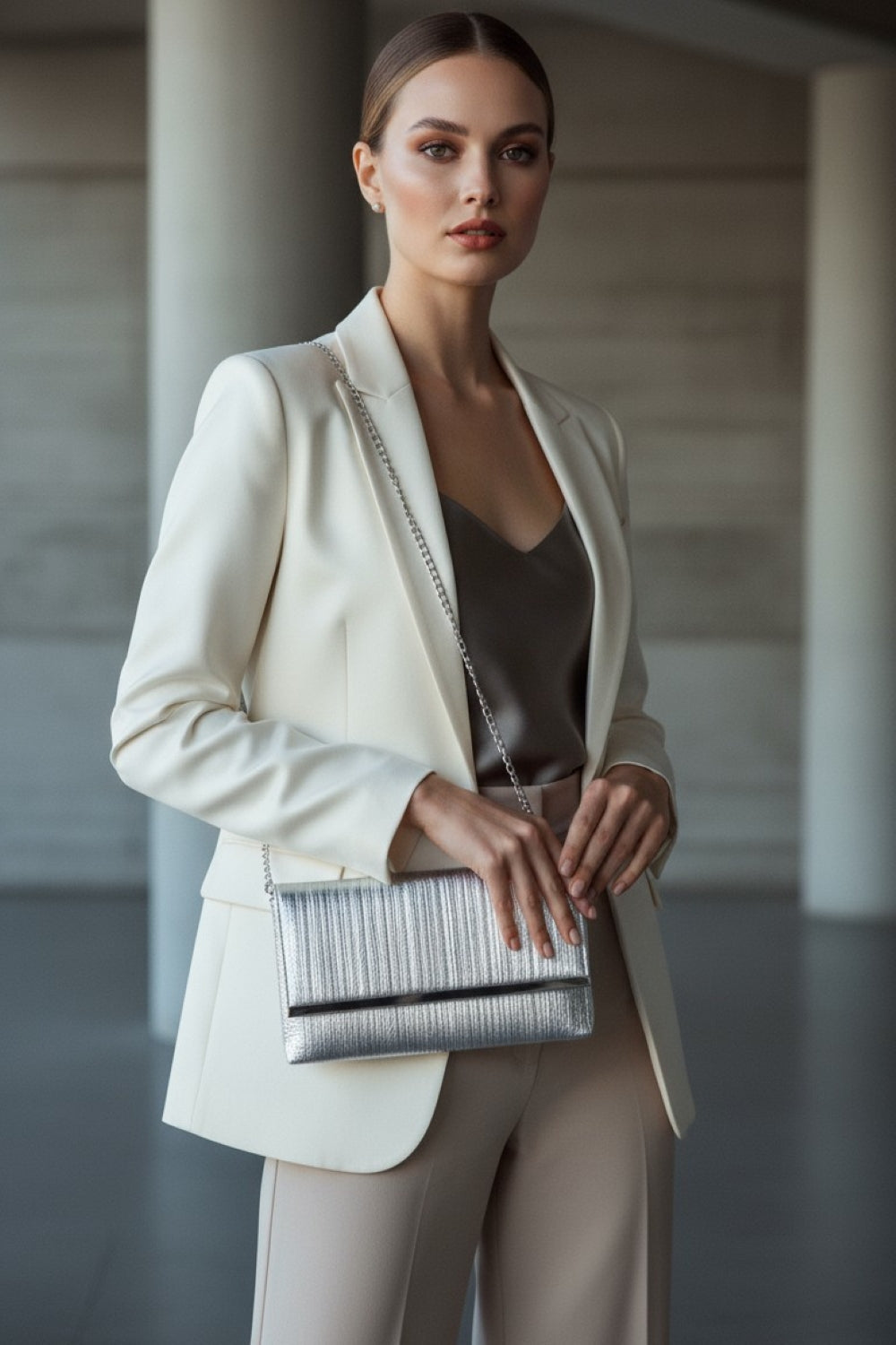 Aftershock London silver pleated clutch bag studio product image