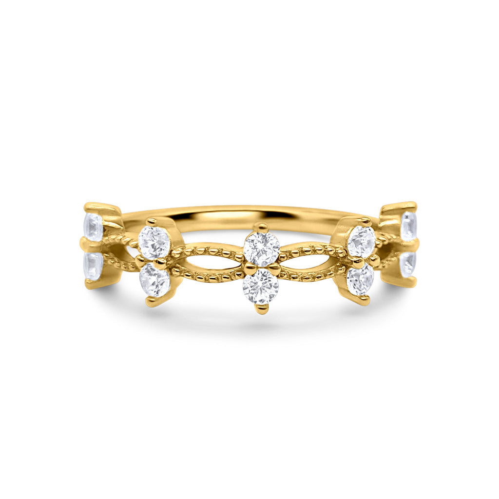 Alana gold ring with simulated diamonds on white background
