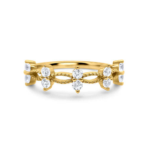 Alana gold ring with simulated diamonds on white background