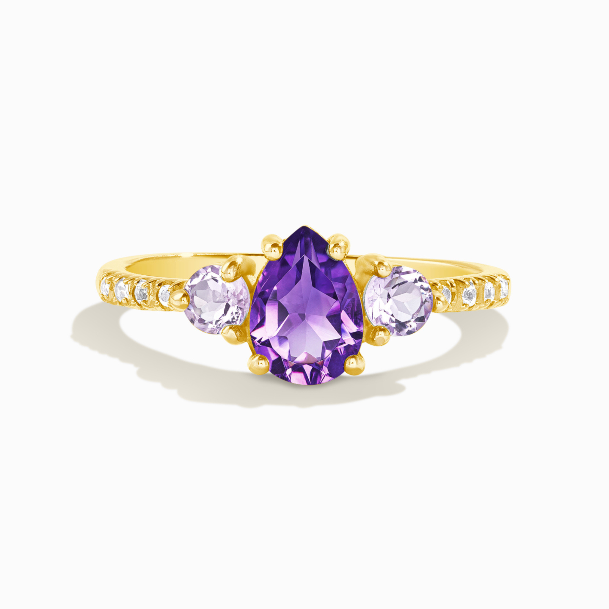 Amethyst and lavender amethyst ring in 18k gold vermeil on white background