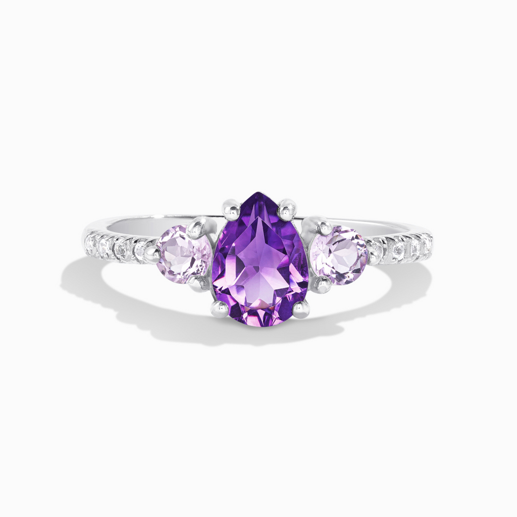 Amethyst and lavender amethyst ring in sterling silver on white background