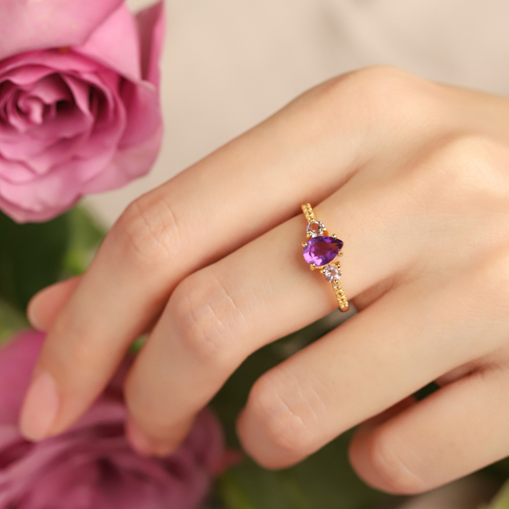 Amethyst and lavender amethyst ring in 18k gold vermeil lifestyle image