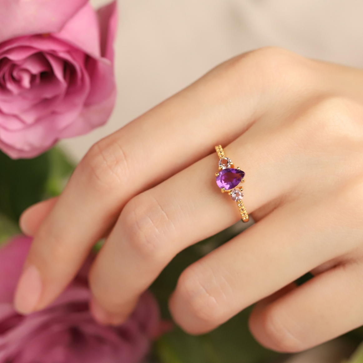 Amethyst and lavender amethyst ring in 18k gold vermeil lifestyle image