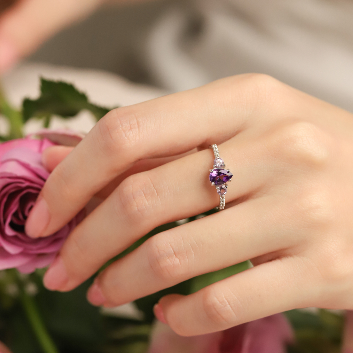 Amethyst and lavender amethyst ring in sterling silver lifestyle image