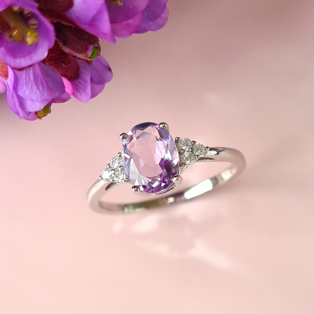 Lavender amethyst ring with purple flower detail image