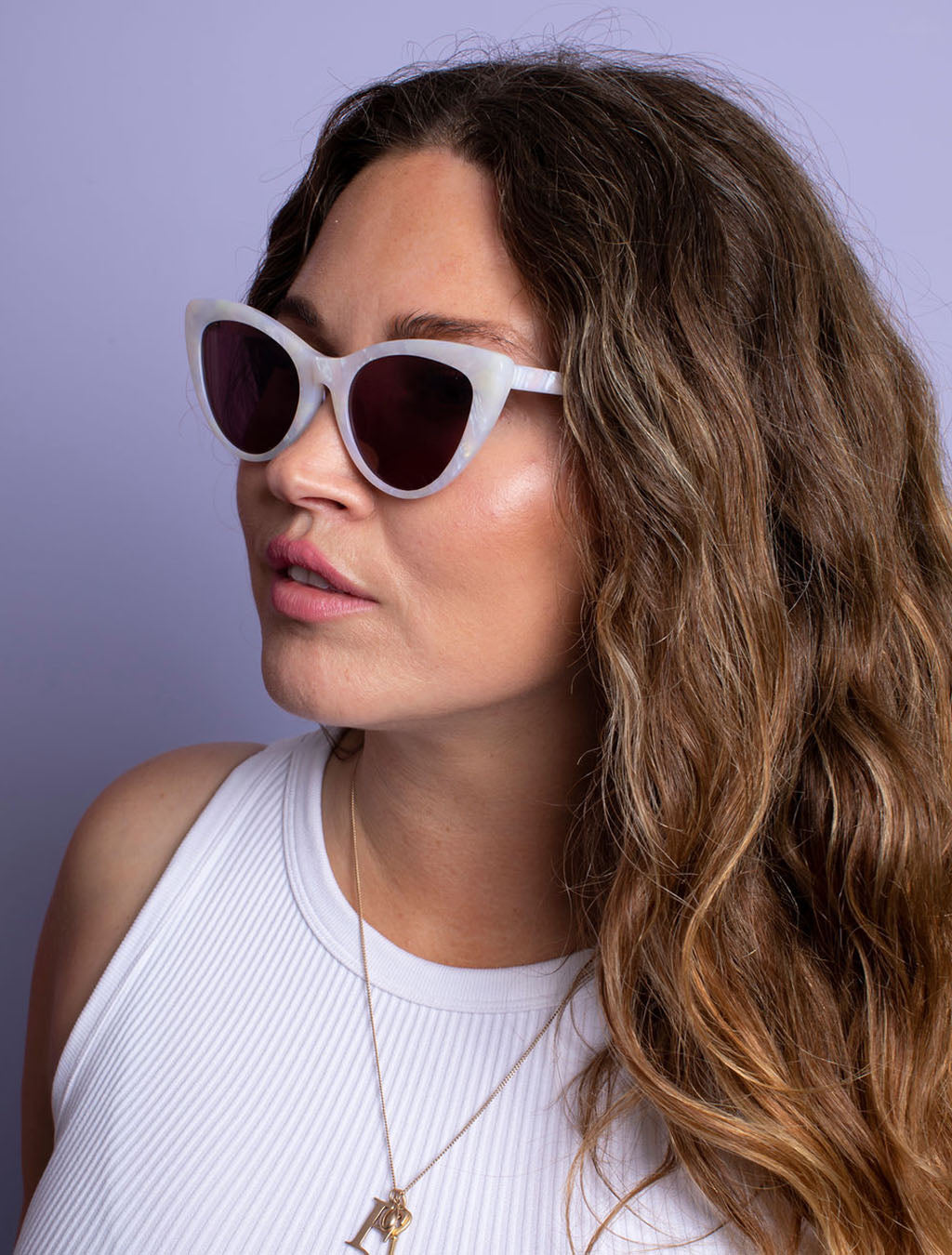 zoedepass Amy Opal cat-eye sunglasses lifestyle model image