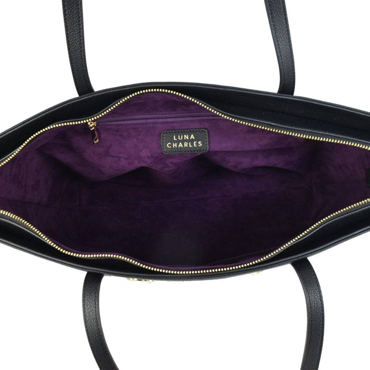 Luna Charles Anya black and gold vegan leather tote bag inner detail