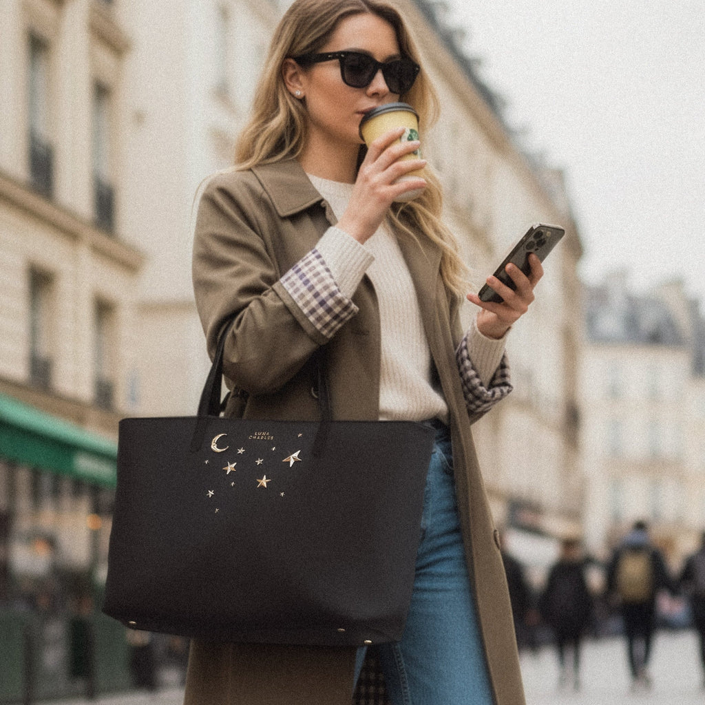 Luna Charles Anya black and gold tote bag autumn street style image
