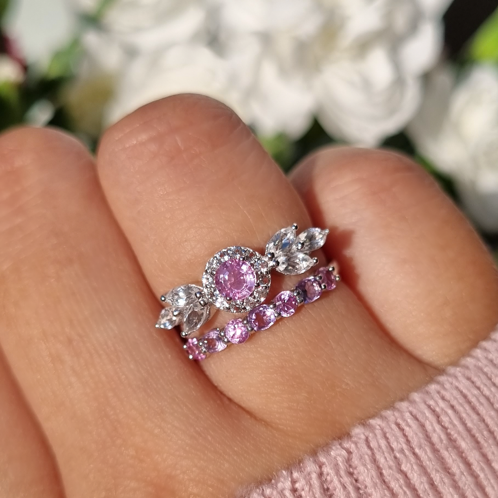 Aurelia pink sapphire ring stacked with pink sapphire and pink amethyst half eternity band