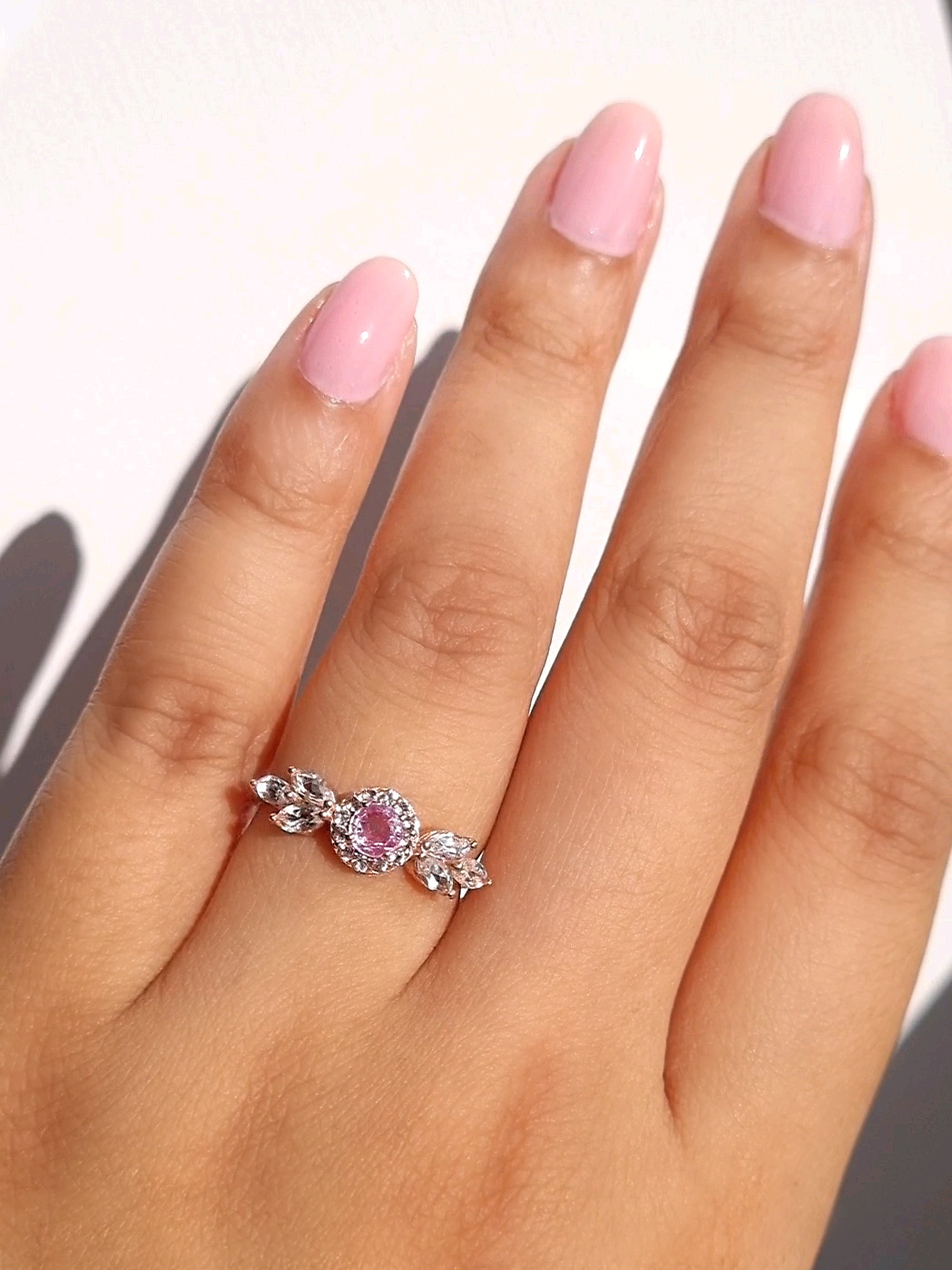 Aurelia pink sapphire ring in 18k rose gold vermeil full hand image