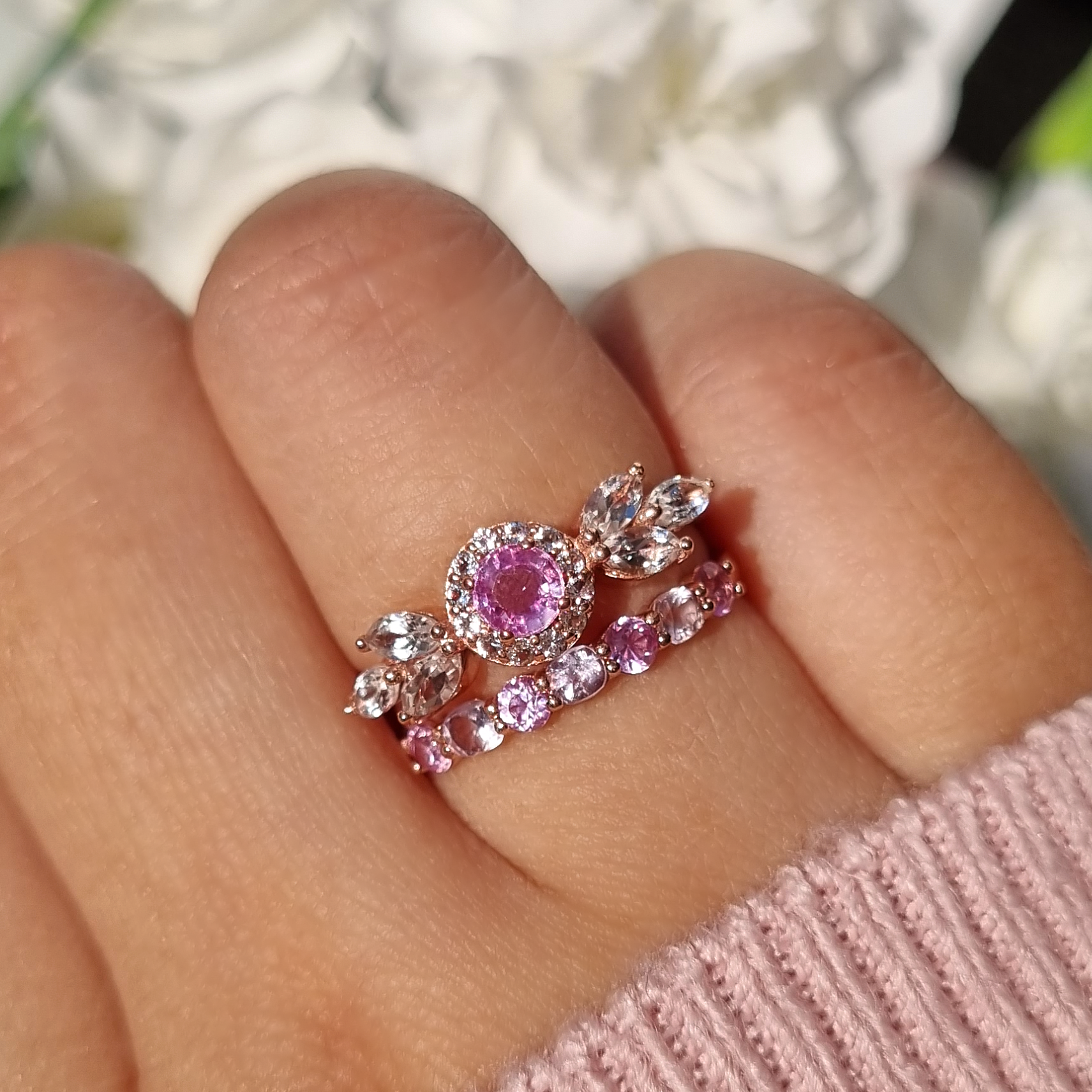 Aurelia pink sapphire ring stacked with pink sapphire and pink amethyst half eternity band