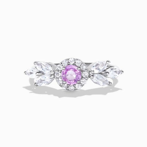 Aurelia pink sapphire and white topaz ring in sterling silver on white background