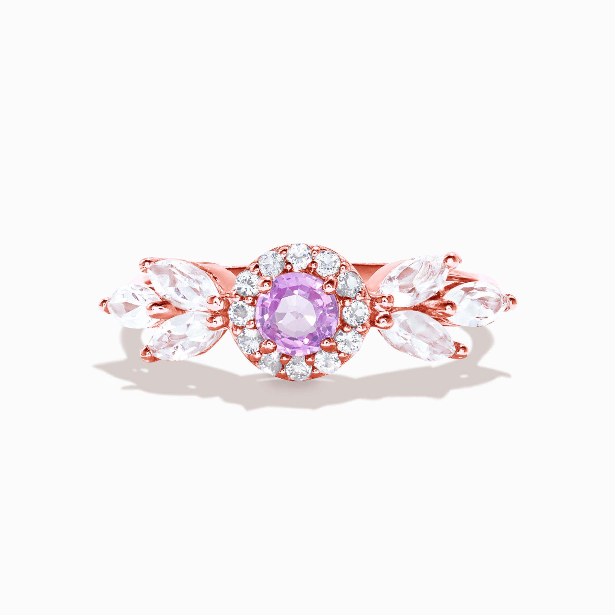 Aurelia pink sapphire and white topaz ring in 18k rose gold vermeil on white background