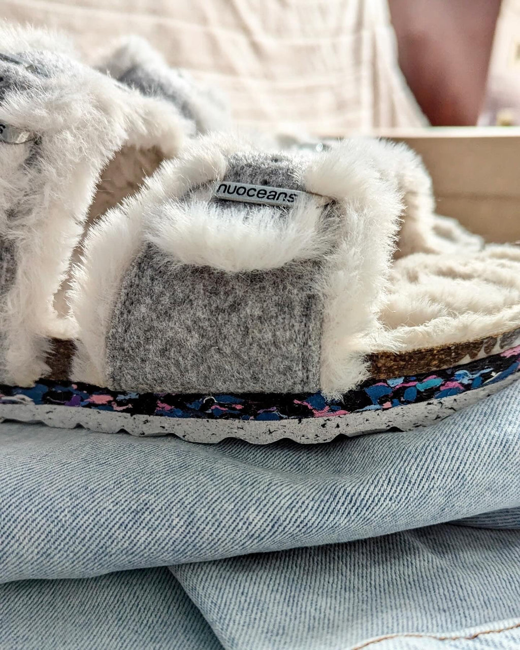 Nuoceans FLUFF grey white recycled vegan felt indoor sandal lifestyle image