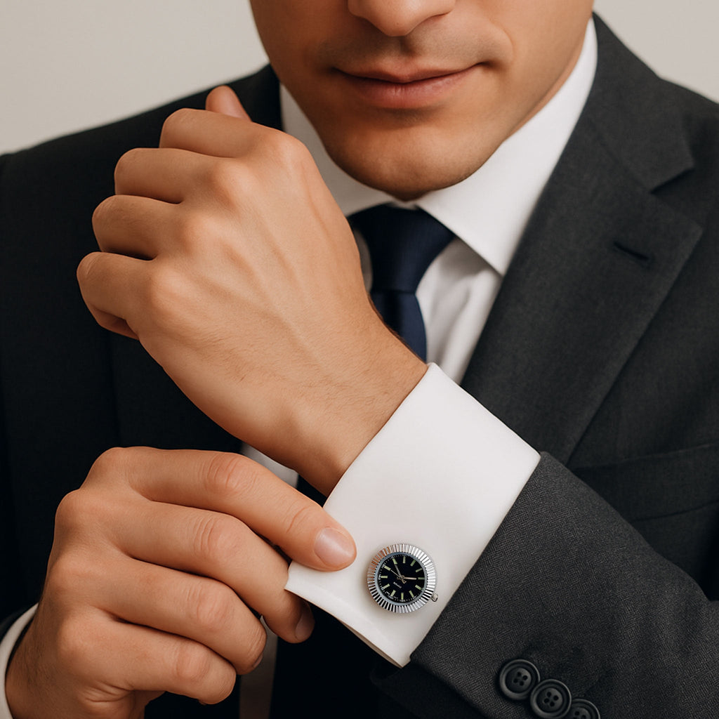 Silver black watch cufflinks detail