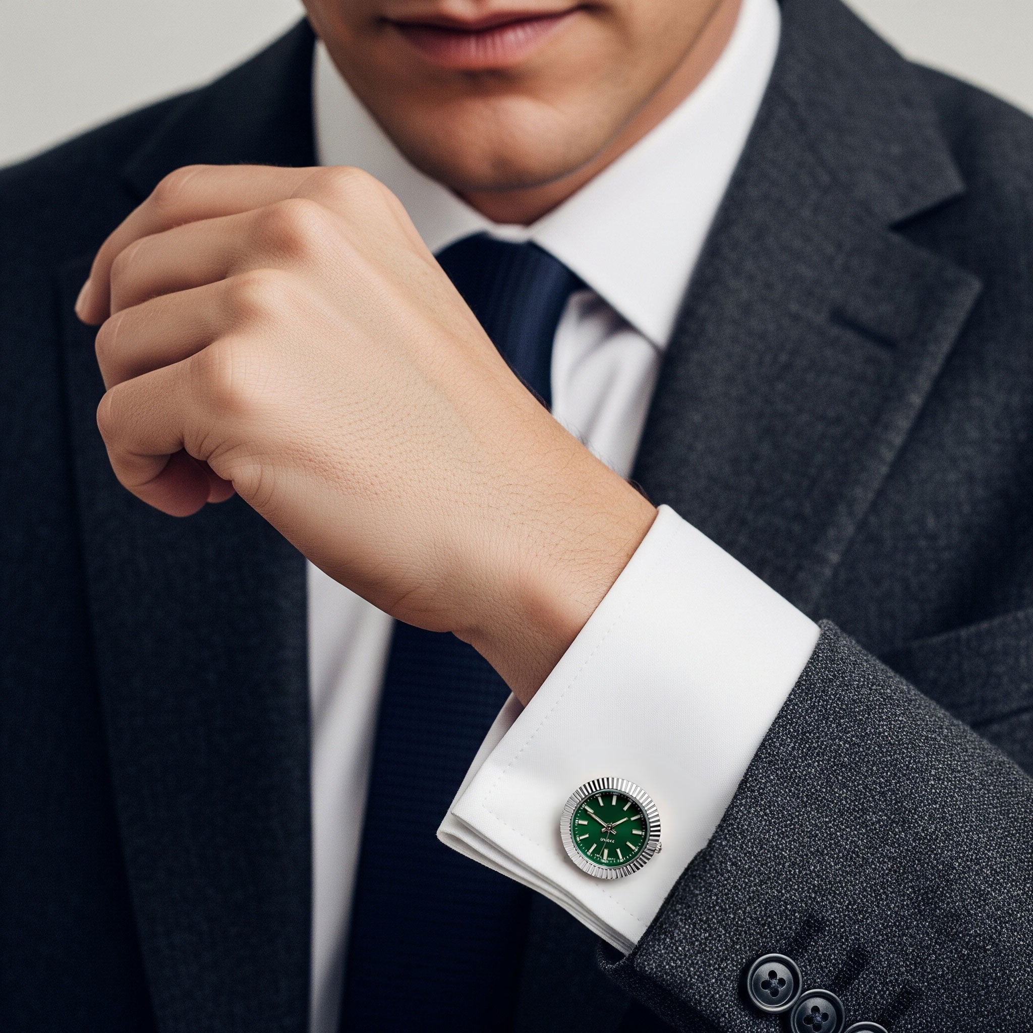 Benson and Clegg silver and green working watch cufflinks detail image