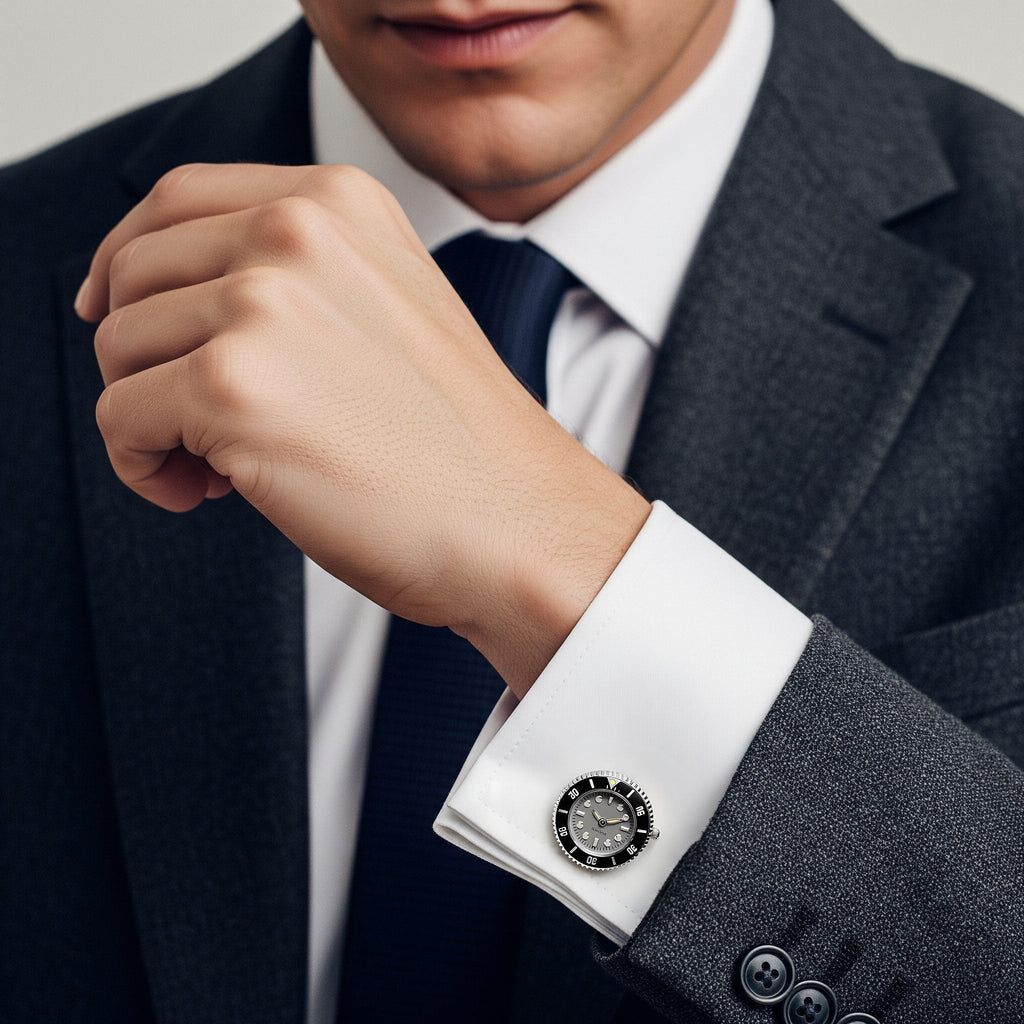 Benson and Clegg silver and grey watch cufflinks detail