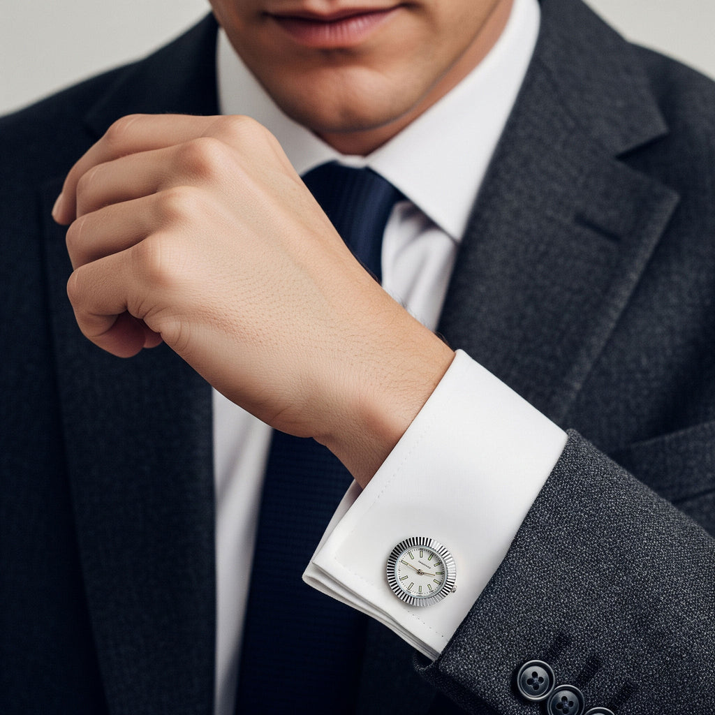 Benson and Clegg silver and white working watch cufflinks detail image