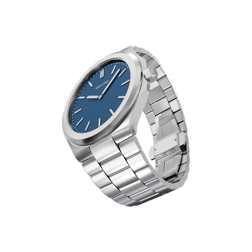 Wecord London Oliver Large watch side view in Navy Blue