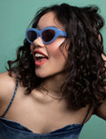 zoedepass Billie Sky Blue oval cat-eye sunglasses close-up on model