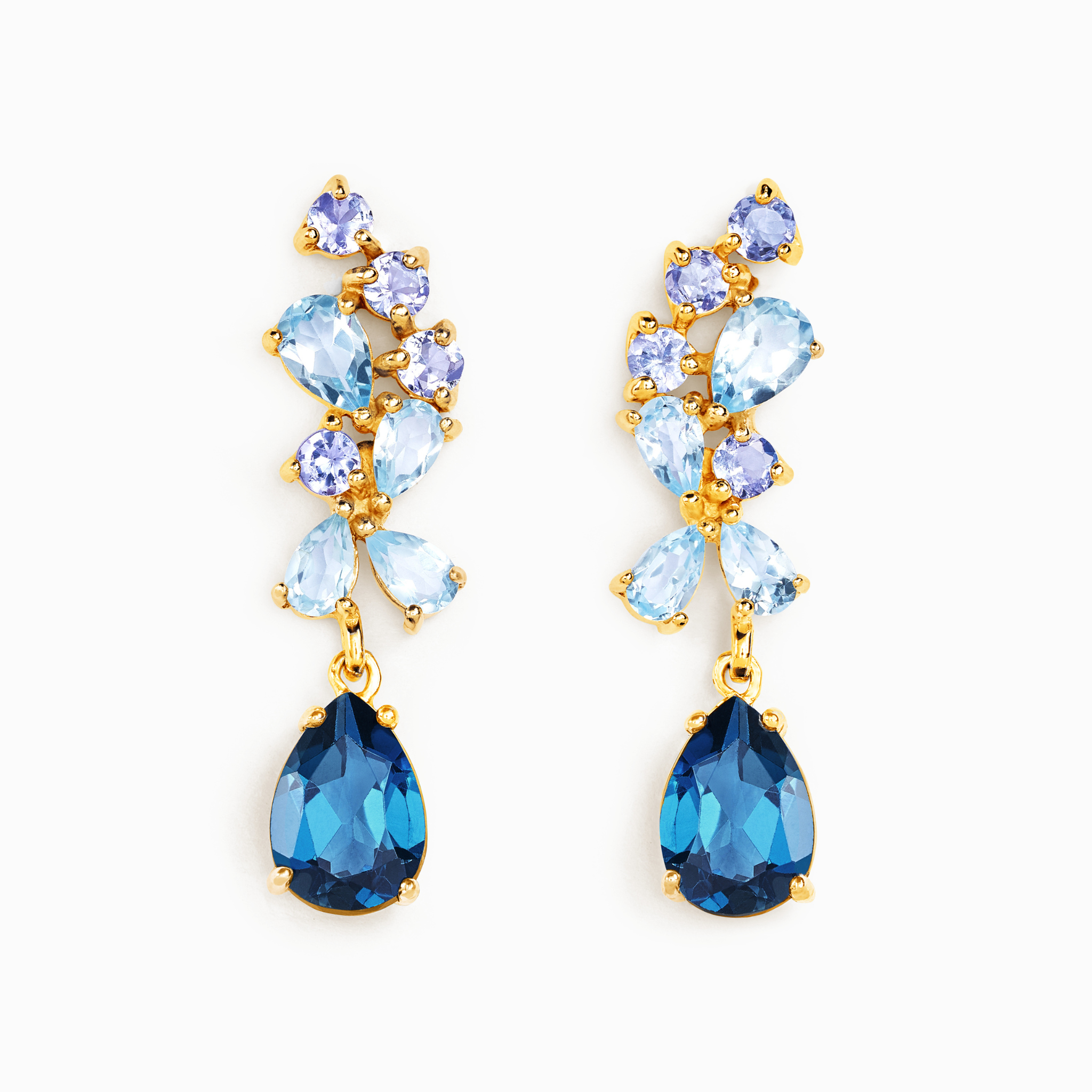 Blue gemstone drop earrings in 18k gold vermeil on white background