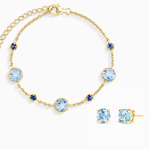 Vianne Jewellery blue sapphire and topaz bracelet and stud earrings set in 18k gold vermeil