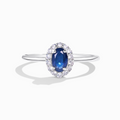 Blue sapphire ring in sterling silver on white background