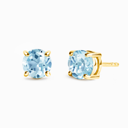 Blue topaz round stud earrings in 18k gold vermeil on white background