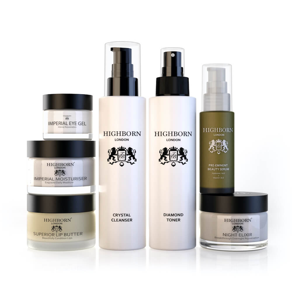 Highborn Seven Phase Collection bottles and jars in skincare bundle