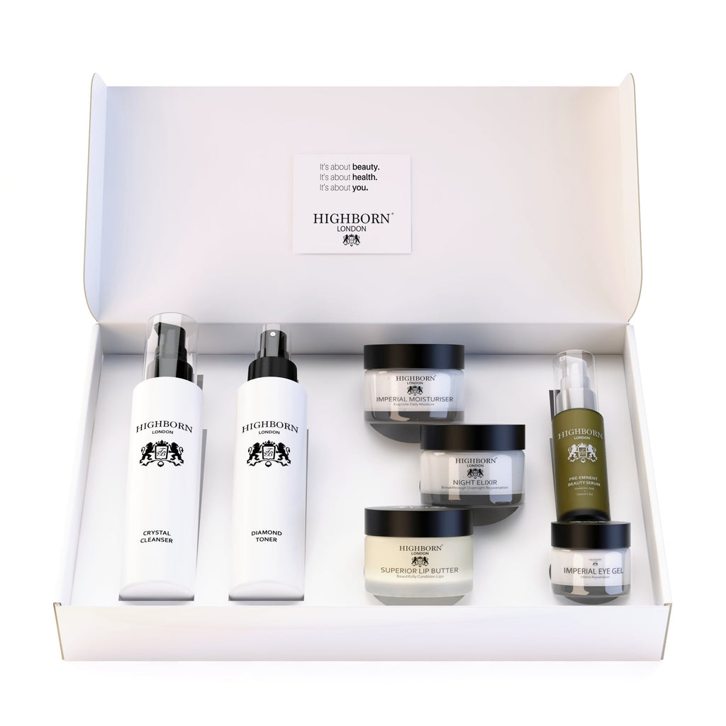 Highborn Seven Phase Collection skincare set with boxed packaging