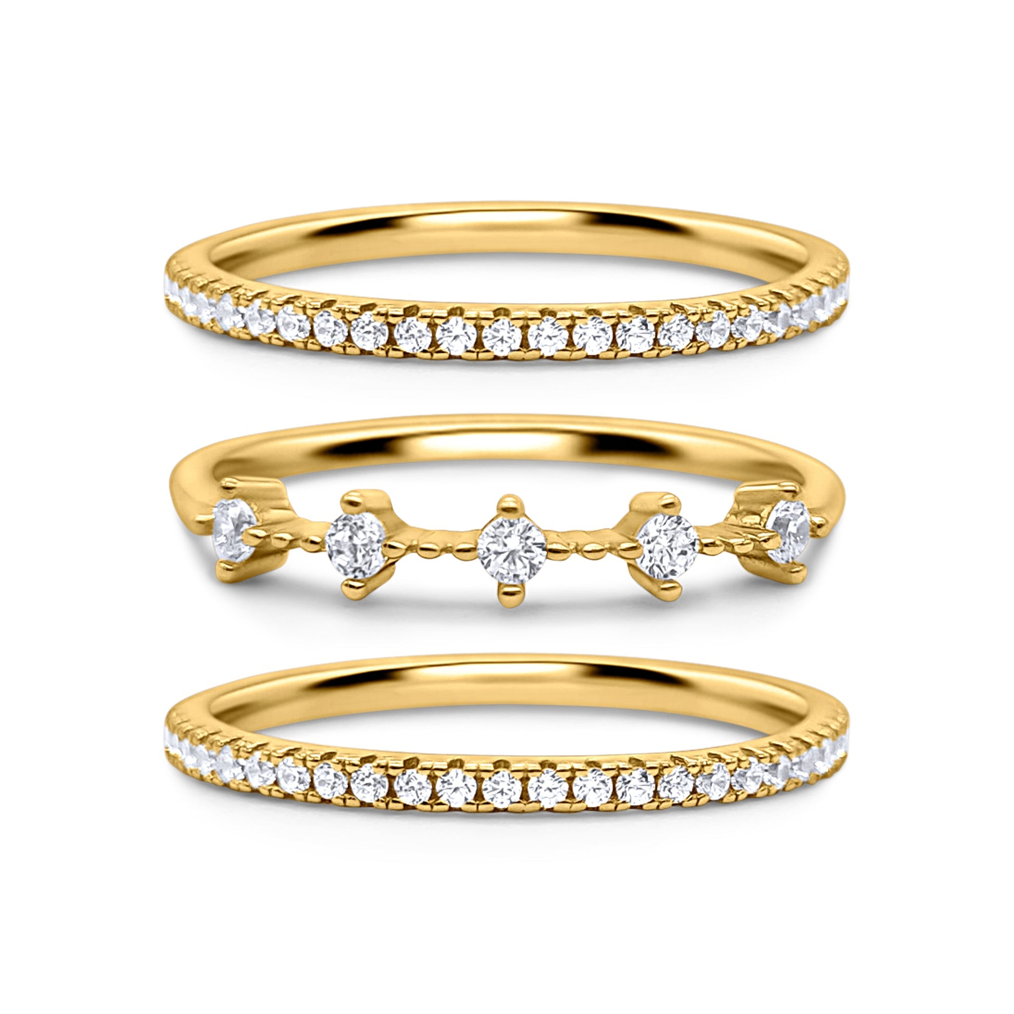 Celeste gold stacking ring set on white background
