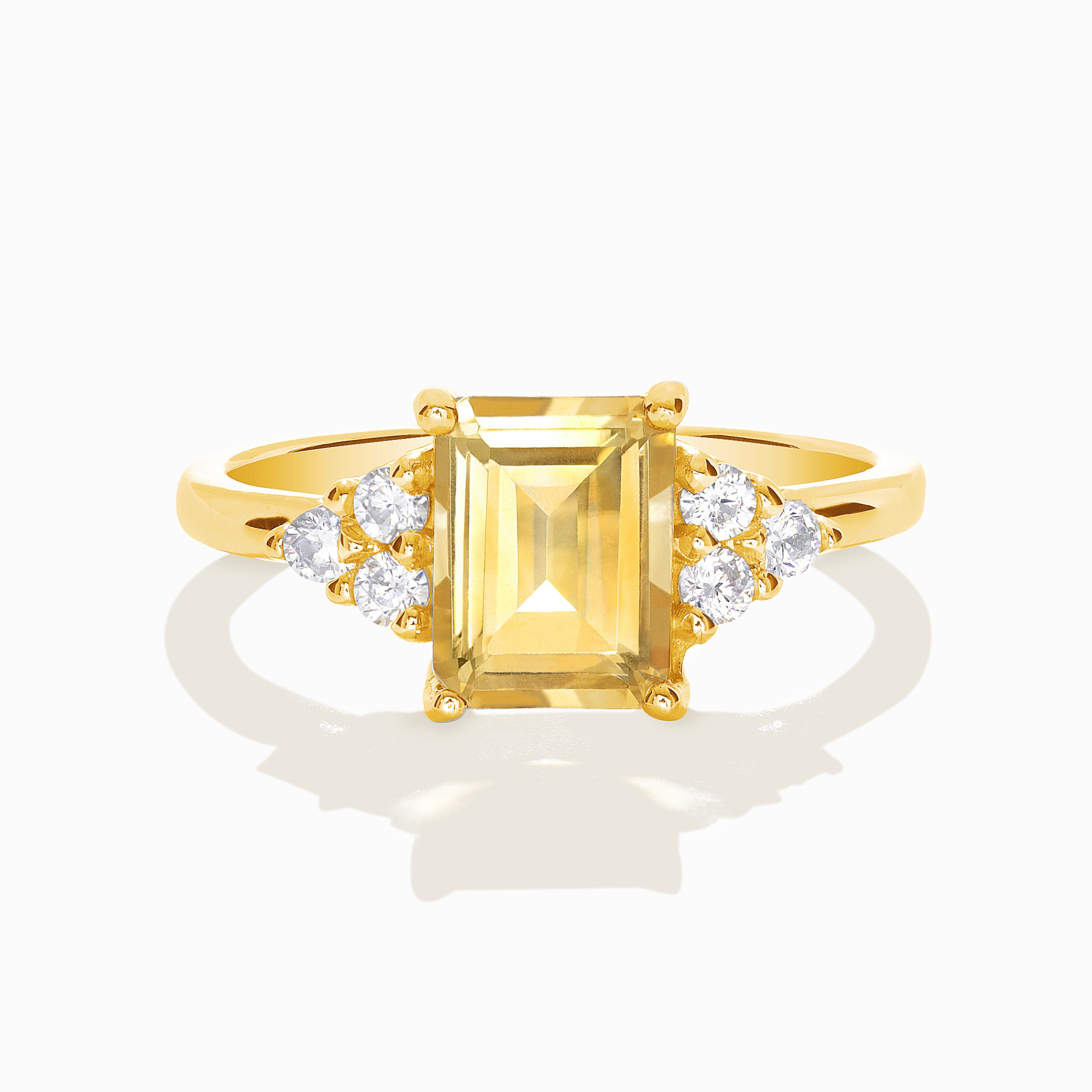 Citrine emerald cut ring in 18k gold vermeil on white background