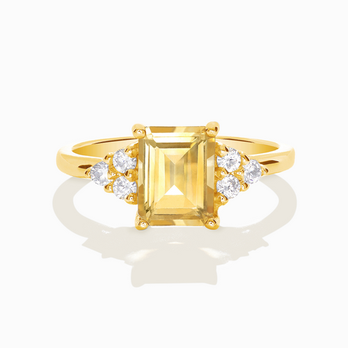 Citrine emerald cut ring in 18k gold vermeil on white background