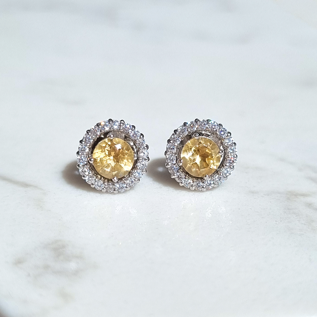Citrine round halo stud earrings with jackets in sterling silver detail image
