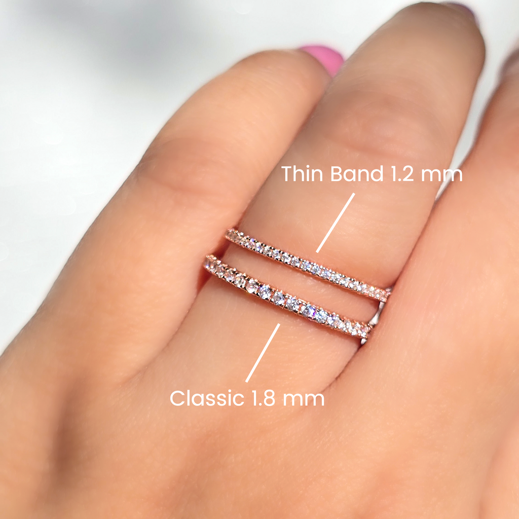 Classic versus thin band rose gold eternity ring comparison image