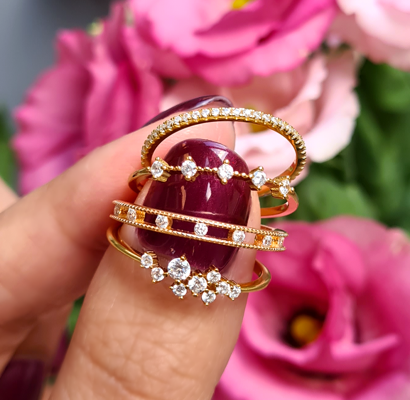 Dainty ring stack with Nova Celeste Eternity and Stella rings