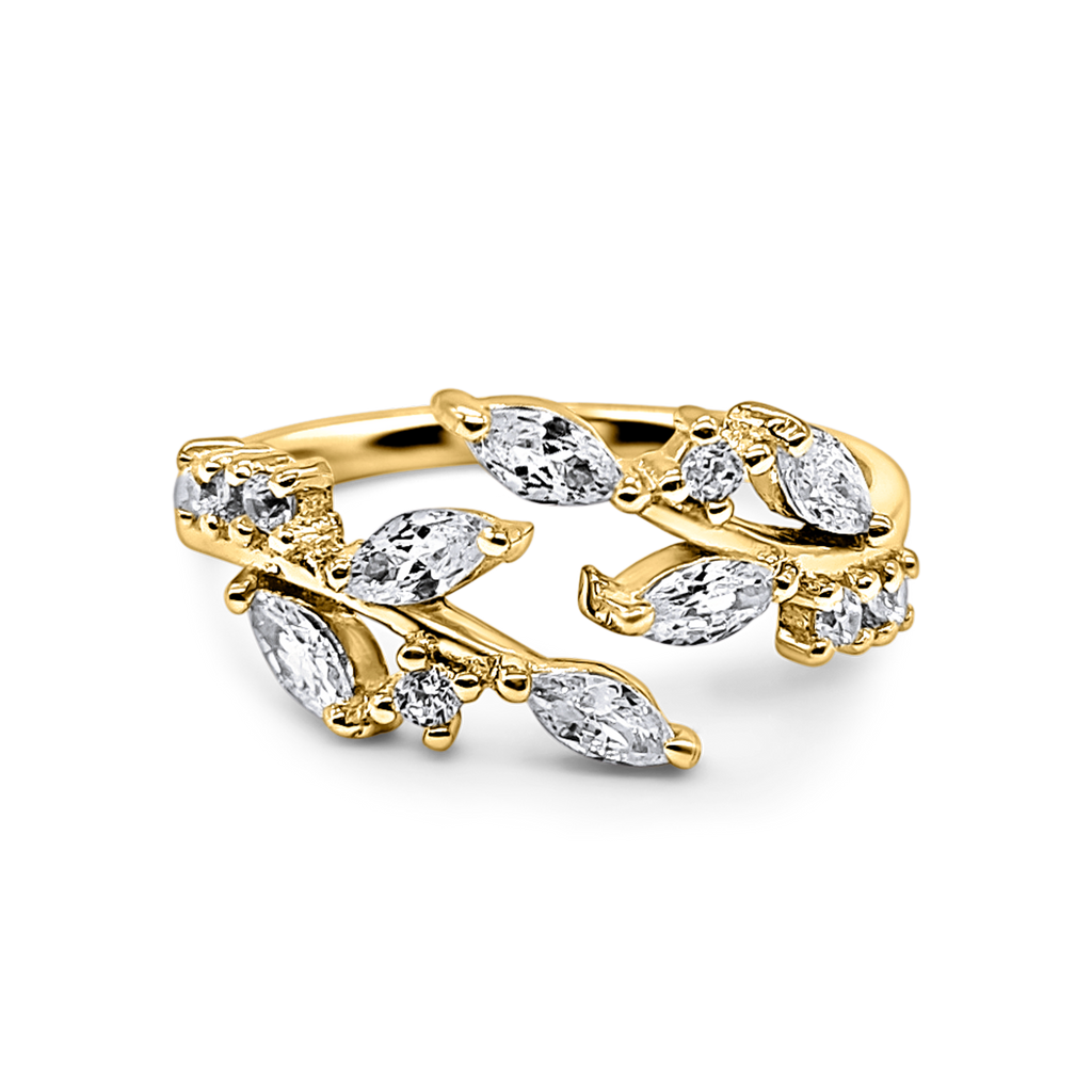 Adjustable leaf ring in gold plated sterling silver on white background