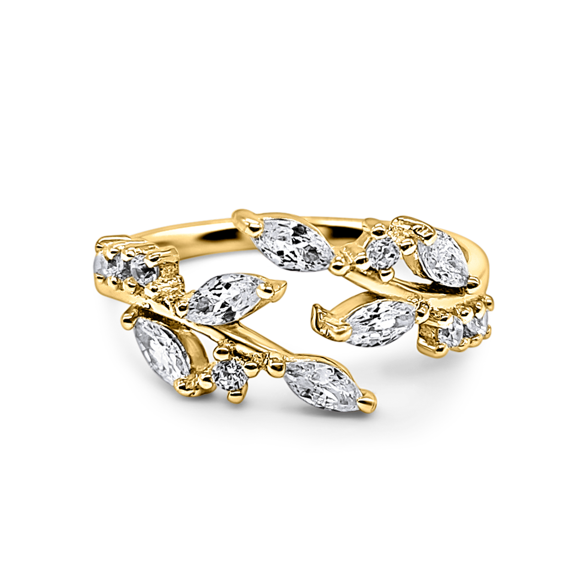 Adjustable leaf ring in gold plated sterling silver on white background