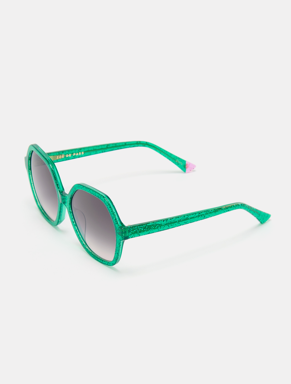 zoedepass Dolly Green Glitter hexagonal sunglasses three-quarter product image