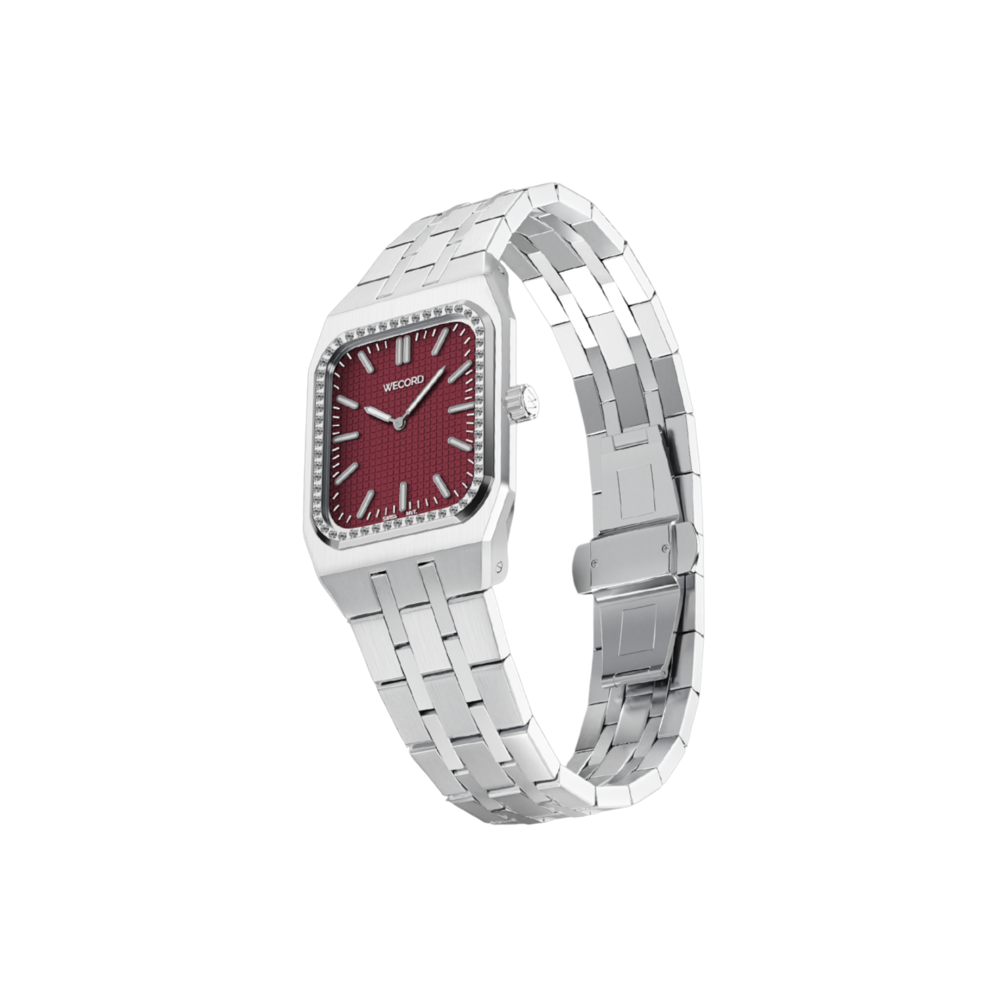 Wecord London Duke Small Diamond watch side view in Burgundy