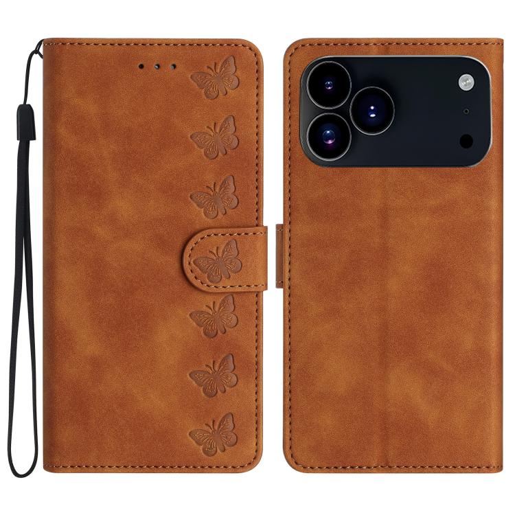 Seven Butterflies embossed iPhone 17 Pro wallet case in brown