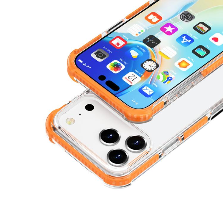 Four-corner TPU acrylic iPhone case detail showing port and key access