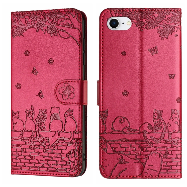 Cat embossed leather iPhone case with lanyard in red