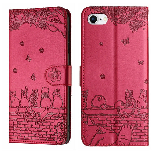 Cat embossed leather iPhone case with lanyard in red