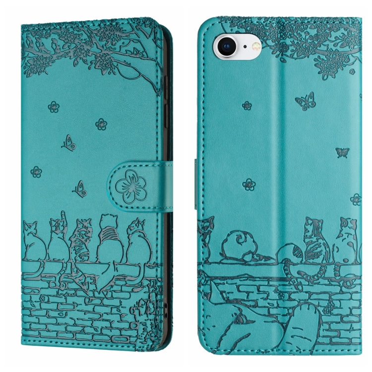 Cat embossed leather iPhone case with lanyard in blue for iPhone 16e or 17e